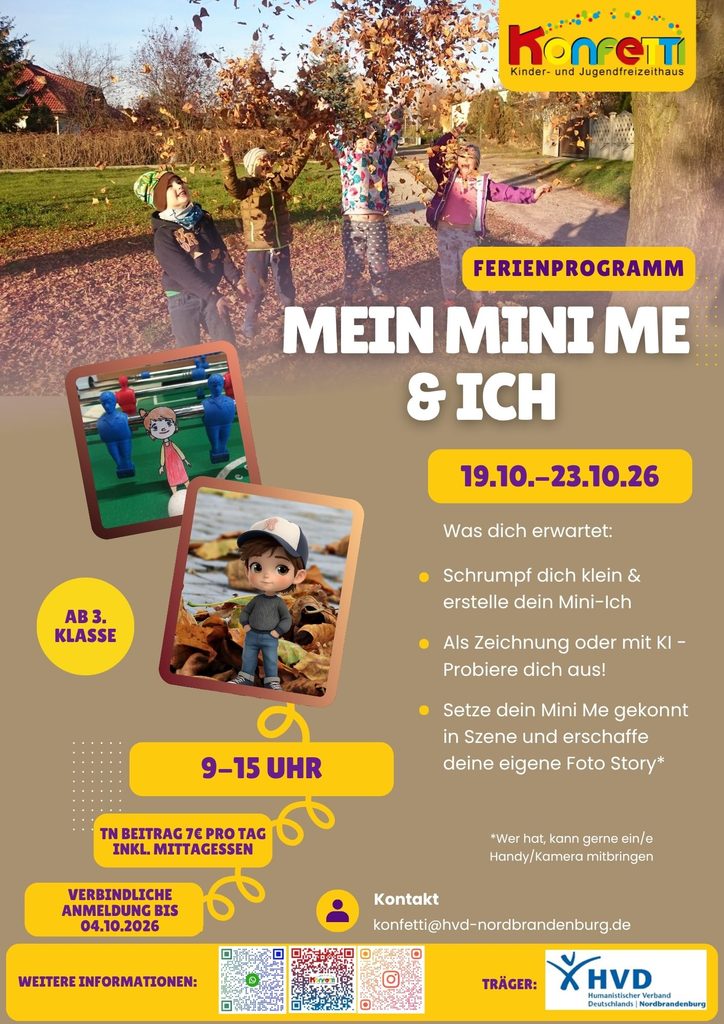 Plakat für die Herbstferienwoche "Mein Mini Me & Ich" vom 19.10.-23.10.2026 im Freizeithaus Konfetti in Bernau.