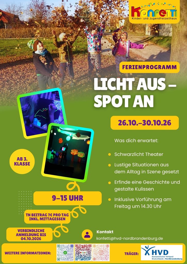 Plakat für die Herbstferienwoche "Licht aus - Spot an" vom 26.10.-30.10.2026 im Freizeithaus Konfetti in Bernau.